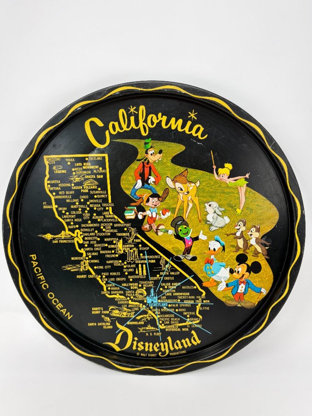 1955-'68 Disneyland Metal Tin Souvenir Tray 11" Plate California Map Walt Disney
